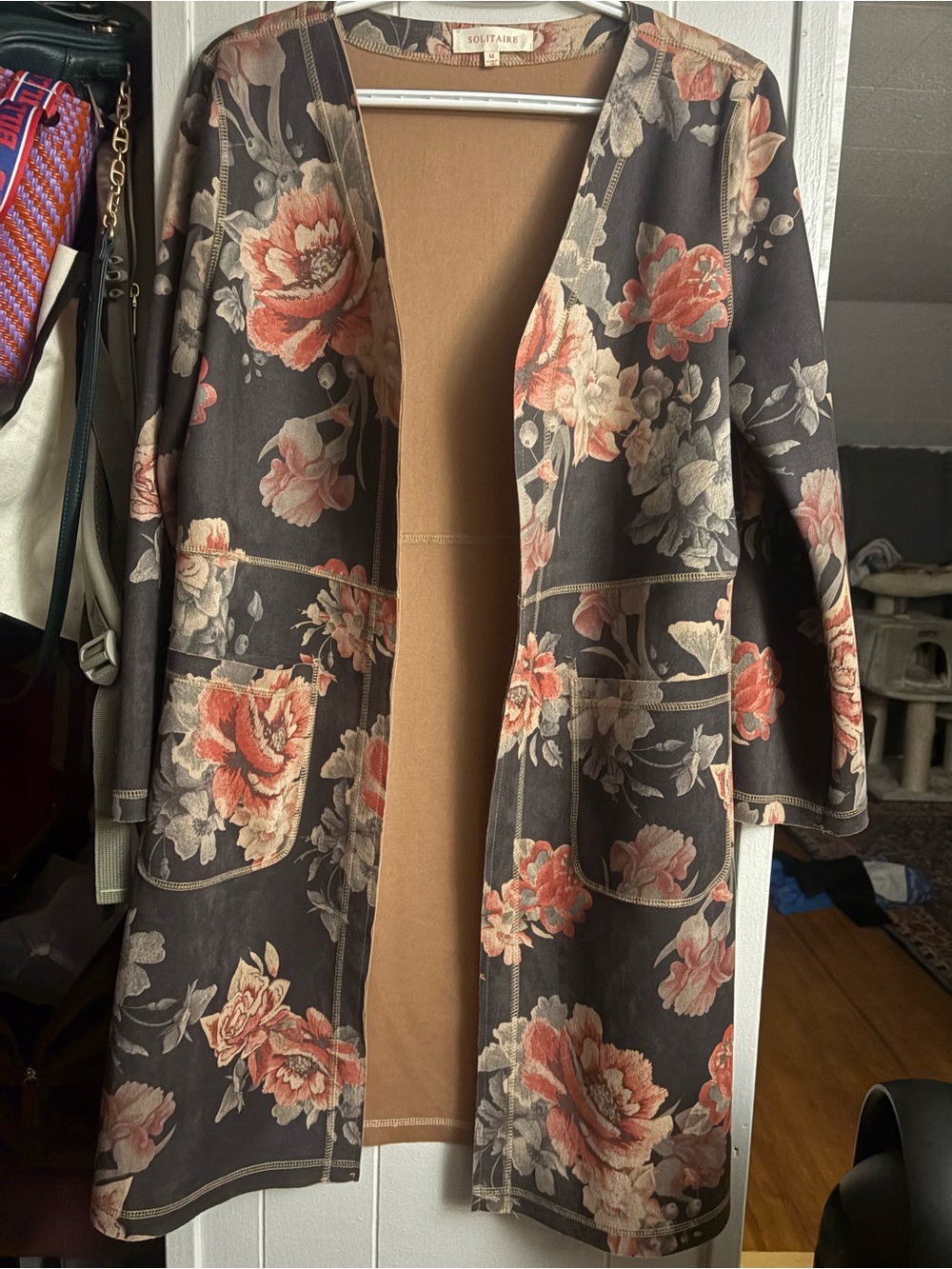 Solitaire Black Floral Open-Front Cardigan with Peach Blooms